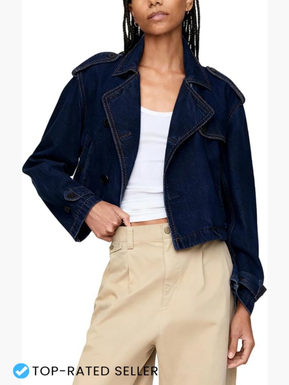 Cropped Denim Trench Coat Double Breasted Notch Collar Jean Jacket Women's Edgy